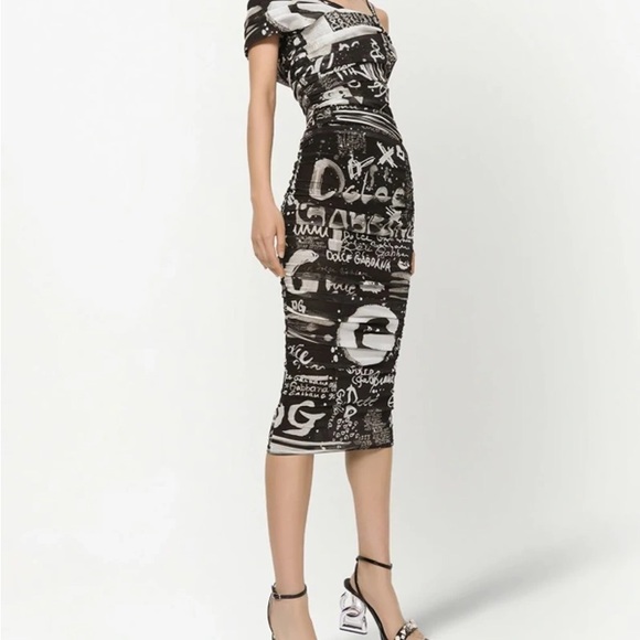 Dolce & Gabanna logo script draped off the shoulder midi dress - Picture 3 of 8